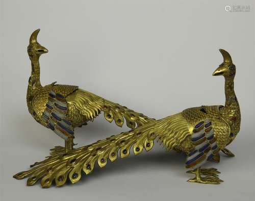 PAIR OF CHINESE GEM STONE INLAID GILT BRONZE PEACOCKS