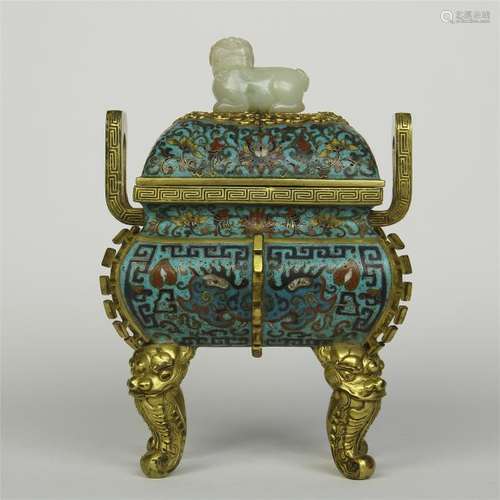 CHINESE CLOISOONE SQUARE CENSER WITH JADE KNOT LID