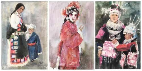 THREE CHINESE WATERCOLOR OF GIRLS