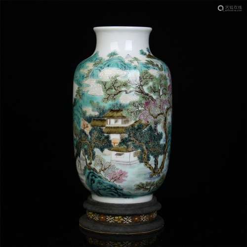 CHINESE PORCELAIN FAMILLE ROSE MOUNTAIN VIEWS VASE