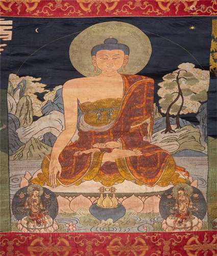 LONG CHINESE EMBROIDERY TAPESTRY OF NINE SEATED BUDDHA