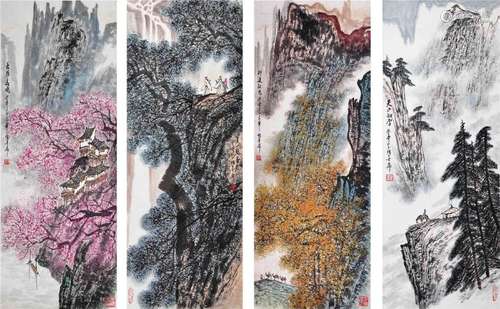 FOUR PANELS OF CHINESE SCROLL PAINTING OF MOUNTAIN