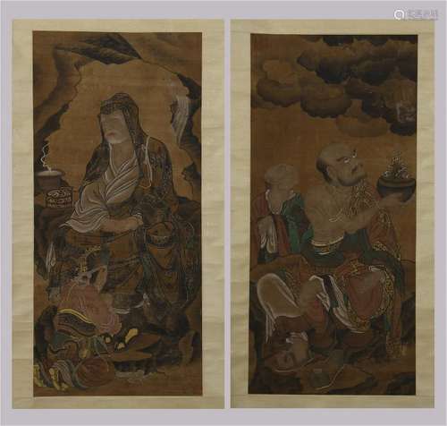 TWO PANELS OF CHINESE SCROLL PAINTING OF LOHAN