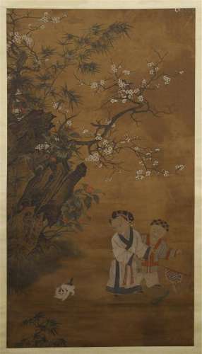 CHINESE SCROLL PAINTING OF BOYS UNDER TREE