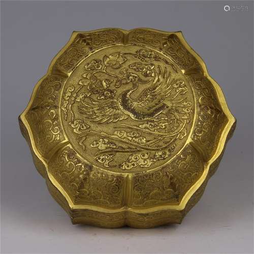 CHINESE GILT BRONZE FLOWER SHAPED PHOENIX BOX