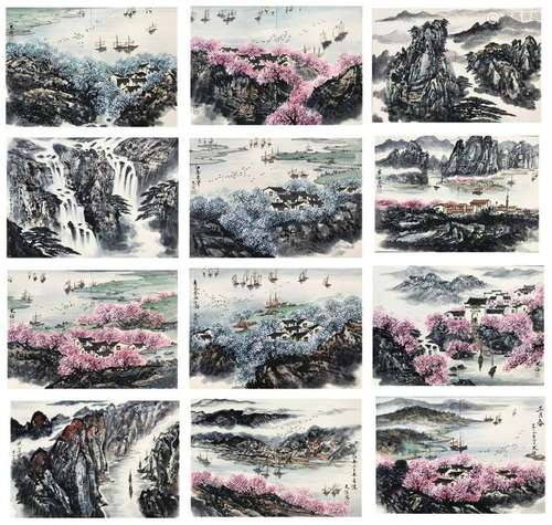 TWEEVLE PAGES OF CHINESE ALBUM PAINTING OF MOUNTAIN