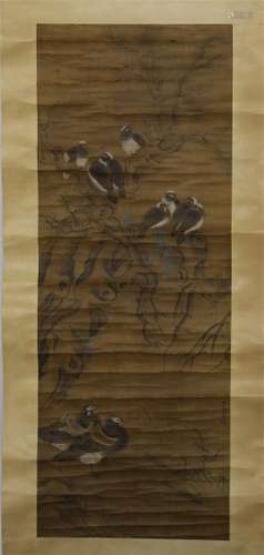 CHINESE SCROLL PAINTING OF BIRDS ON TREE