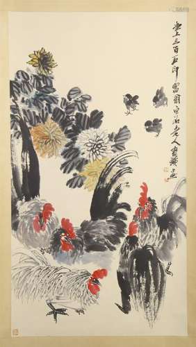 CHINESE SCROLL PAINTING OF ROOSTER AND CHICKEN