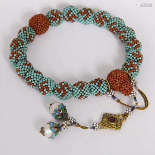 CHINESE TURQUOISE CORAL AGALWOOD BEAD BUDDHIST BRACELET