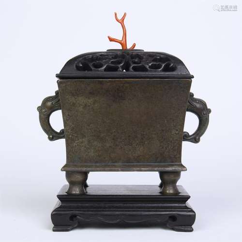 CHINESE BRONZE SQUARE CENSER WITH ROSEWOOD LID AND BASE