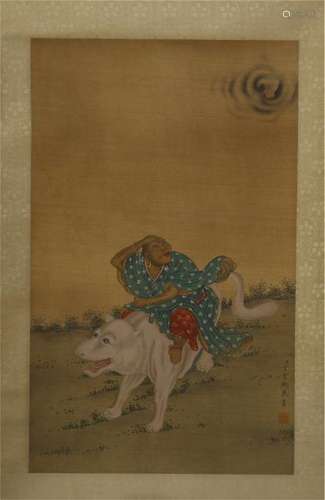 CHINESE SCROLL PAINTING OF LOHAN AND WOLF