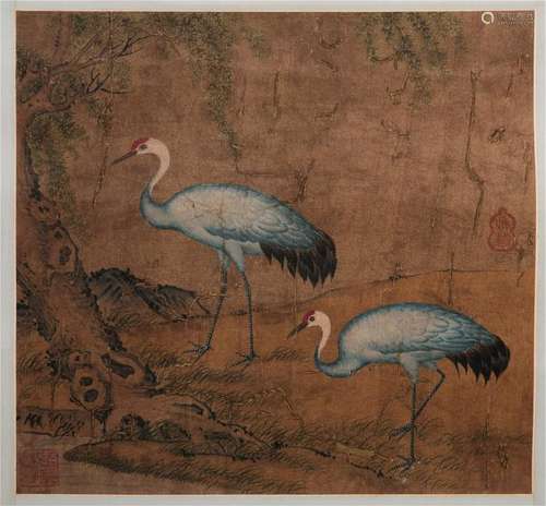 CHINESE SCROLL PAINTING OF TWO CRANES