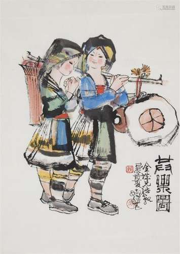 CHINESE SCROLL PAINTING OF TWO GIRLS