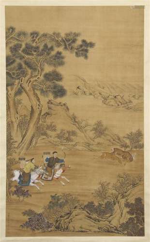 CHINESE SCROLL PAINTING OF HUNTING IN MOUNTAIN