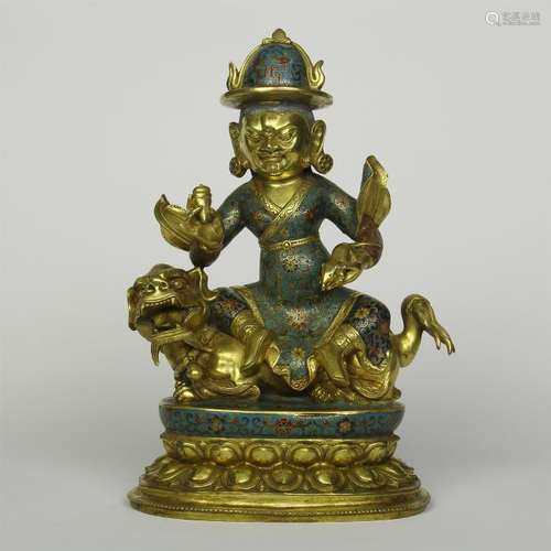 CHINESE CLOISONNE GOD OF WEALTH ON LION