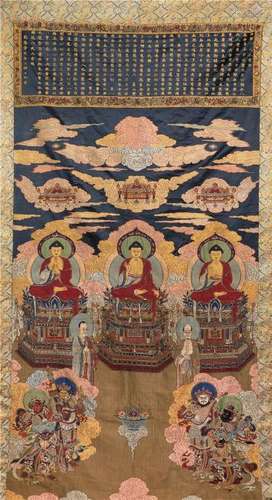 CHINESE EMBROISERY TAPESTRY OF THREE BUDDHA