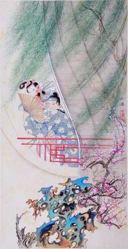 CHINESE SCROLL PAINTING OF BEAUTY IN GARDEN