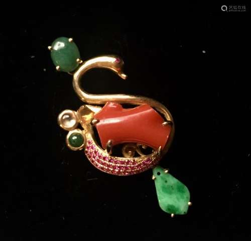 A jadeite/coral/ruby inlaid brooch