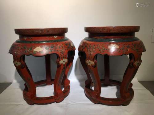 Pair nice carved red lacquer lower round stools