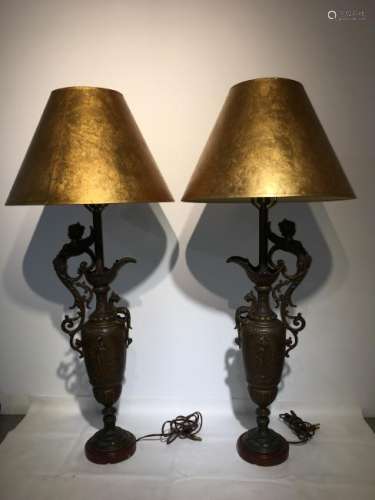 A pair nice carved metal table lamps/marble base