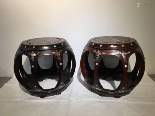Pair mother of pearl inlay huali garden stools