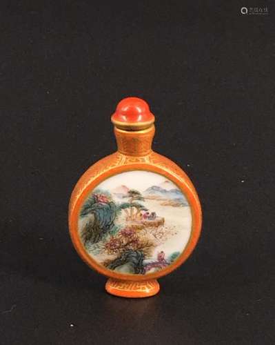 A coral ground famille rose snuff bottle; Qianlong