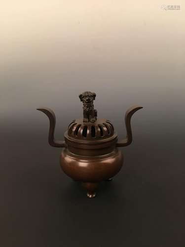 Bronze Incense Burner  with A Small Dog Standing On the Top