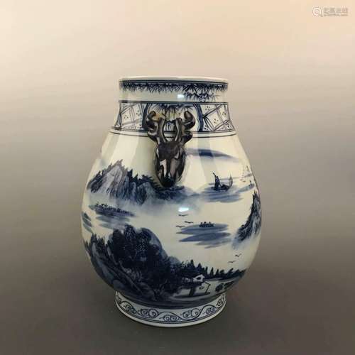 Chinese Blue and White Porcelain Vase Decorated with Deer Head