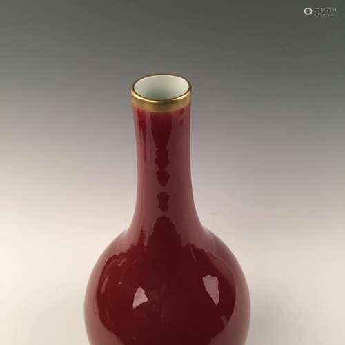 Chinese Red Glazed Gilt Rim Pear -Shape Vase With Kangxi Mark