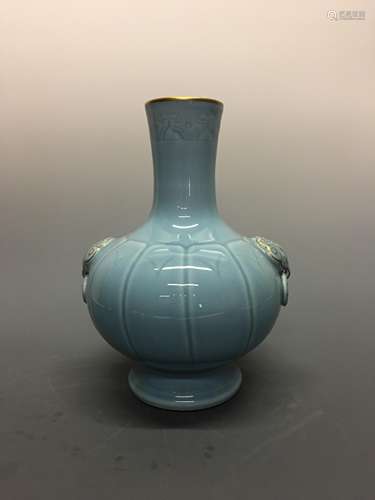 Chinese Azure Glazed Vase with Beast Heads Handle, Qianlong Mark