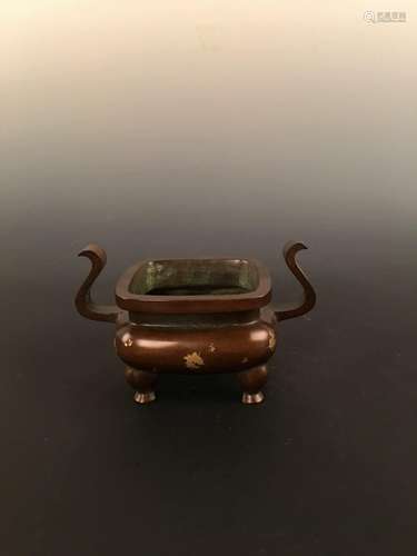 Chinese  Gilt Dots Bronze Square Censer