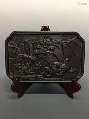 Chinese Old Red Wood Tray with Mandarin Duck Carving