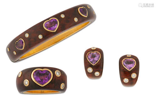 A gem-set wooden bangle, ring and earclip suite
