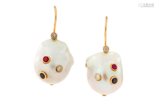 A pair of baroque cultured pearl and gem-set earrings