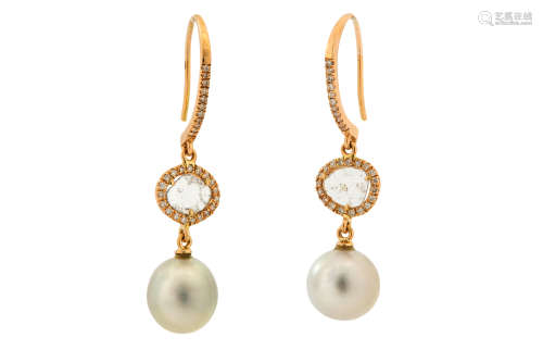 A pair of cultured pearl and diamond earrings