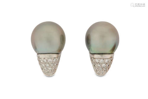 A pair of cultured pearl and diamond earclips