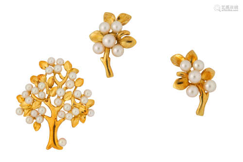 A cultured pearl brooch and earrings, by Tiffany & Co.