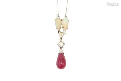 An opal, diamond and pink tourmaline pendant necklace