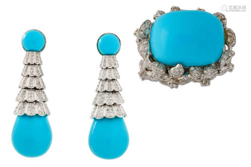 A turquoise and diamond dress ring and pendent earrings