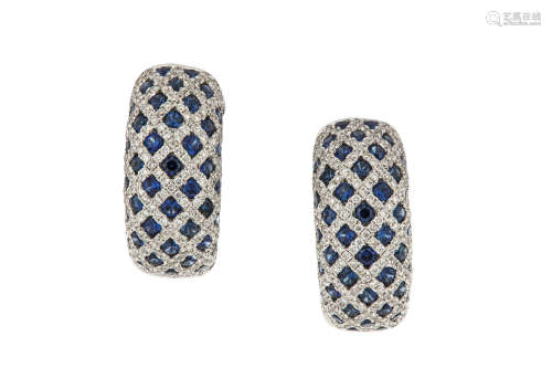 A pair of sapphire and diamond hoop earrings