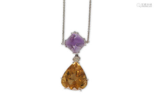 A citrine and amethyst pendant necklace