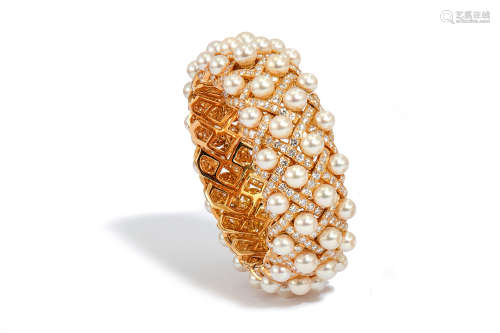 A cultured pearl and diamond 'Matelassé' cuff bracelet, by Chanel, 1997