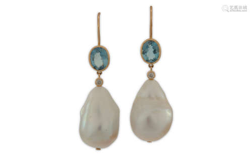 A pair of aquamarine, diamond and cultured pearl earrings