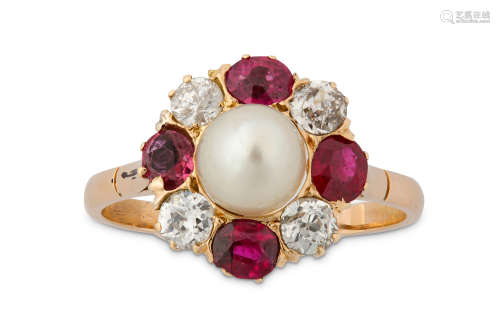 A ruby, diamond and natural pearl ring