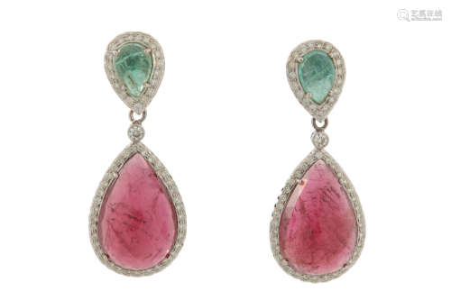 A pair of emerald, tourmaline and diamond pendent earrings