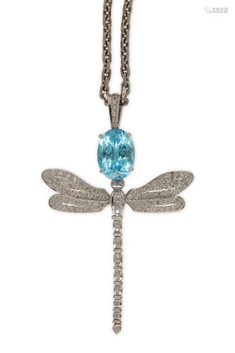 A blue topaz and diamond dragonfly pendant necklace