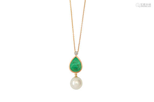 An emerald, diamond and cultured pearl pendant necklace