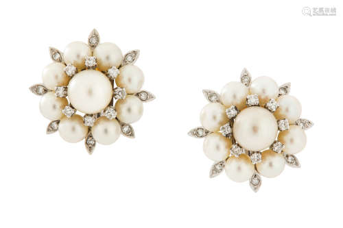 A pair of cultured pearl and diamond earclips, circa 1960