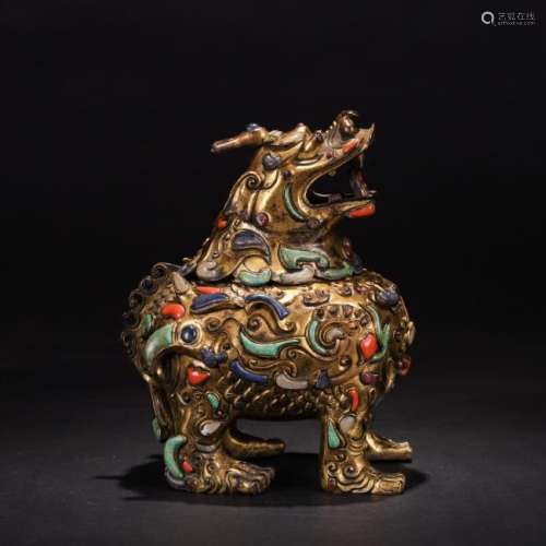 A Superb Gilt Bronze Mystical Beast Censer with Jewls
