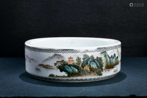 A Chinese Famille Rose Landscape Figural Brush Washer